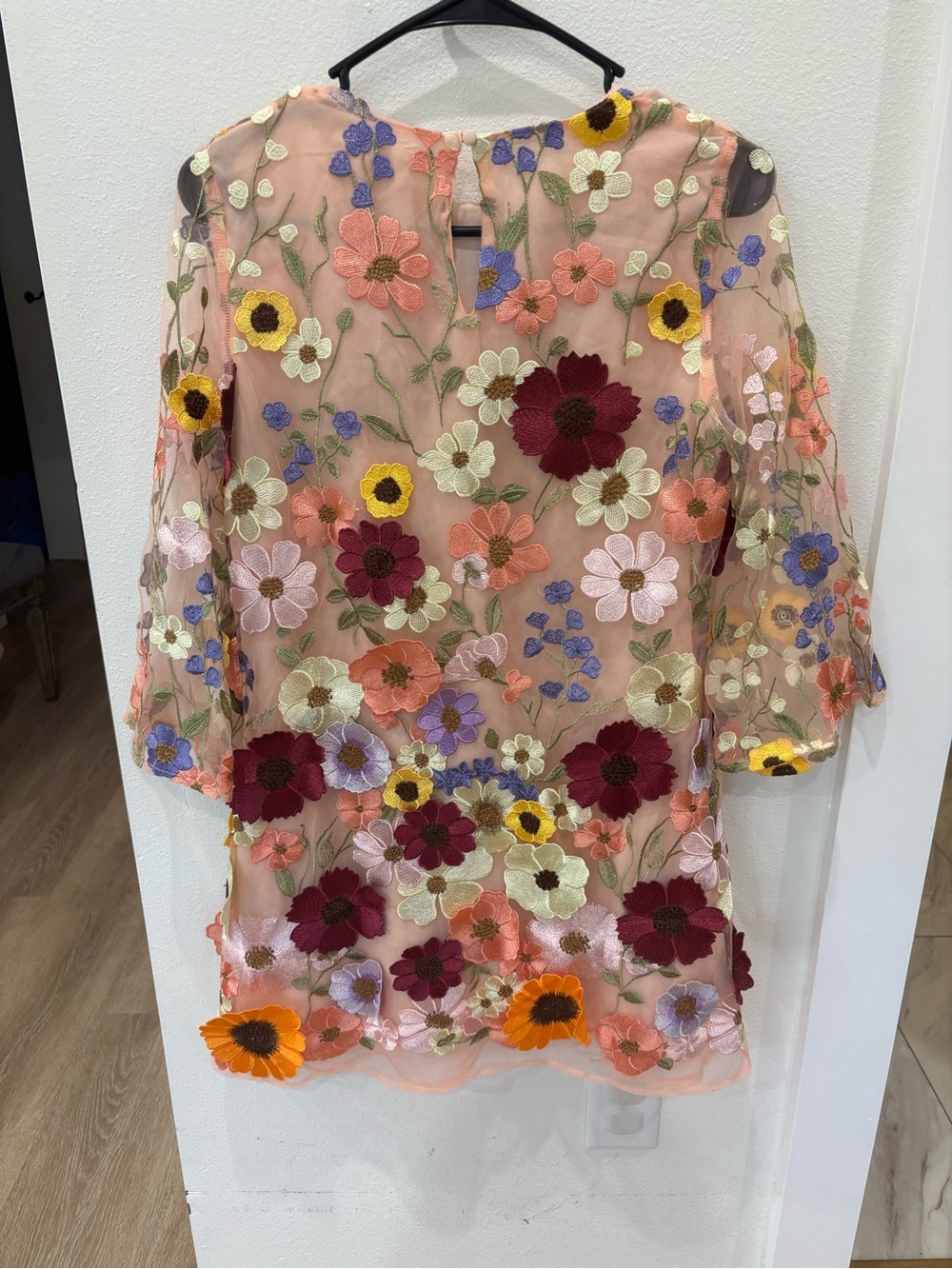 Impressions Peach Sheer Floral Embroidered Tunic with Multicolor Flowers - Picture 3 of 3